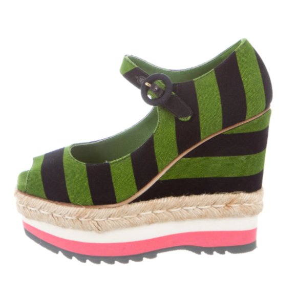 Prada Shoes - Prada Espadrilles Green Striped Jute Trim Wedge Heels Platform Buckle Closure